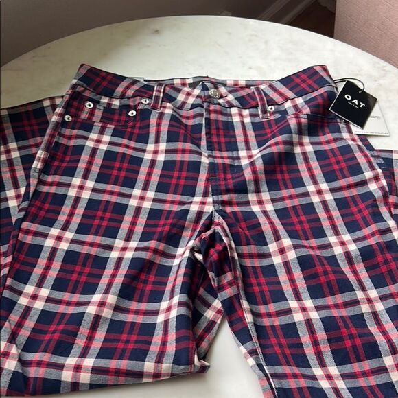 NEW Oat New York High Rise Red and Blue Plaid straight Cropped Pants - Picture 3 of 10